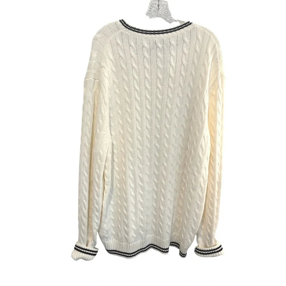 New J.Crew Big Cable Knit Sweater Mens XL Cream Navy Cotton Crewneck Long Arms